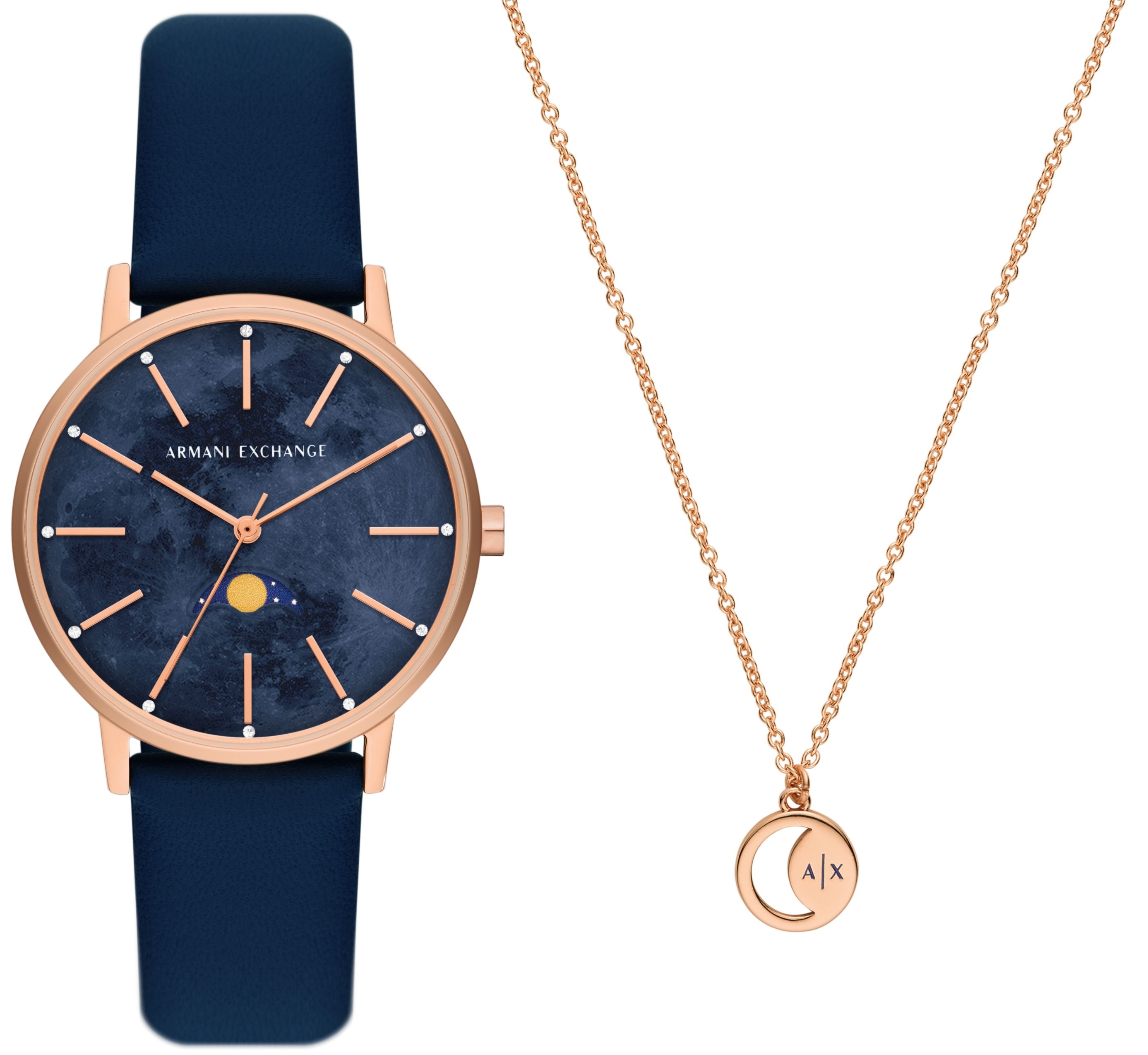 Armani Exchange Damklocka AX7149SET Lola Bl&aring;/L&auml;der &Oslash;36 mm