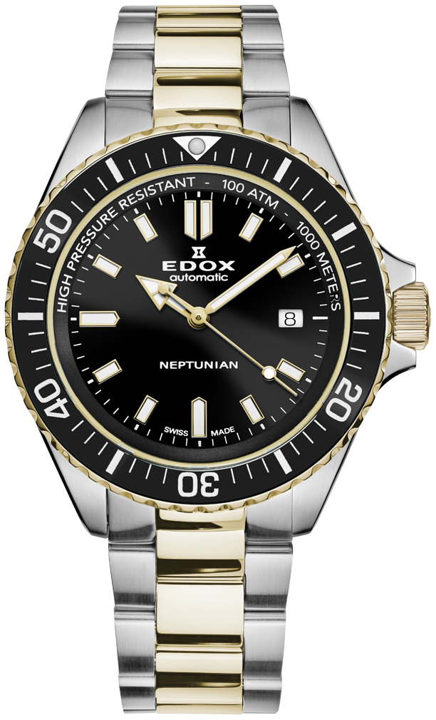 Edox Herrklocka 80120-357JM-NID Neptunian Svart/Gulguldtonat stål - Edox