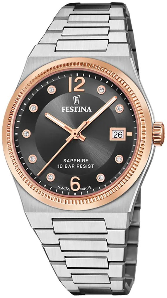 Festina Damklocka F20037-3 Swiss Made Svart/Stål Ø35 mm