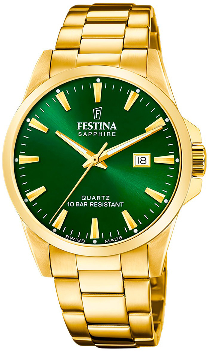 Festina Herrklocka F20044-5 Swiss Made Grön/Gulguldtonat stål Ø41 - Festina