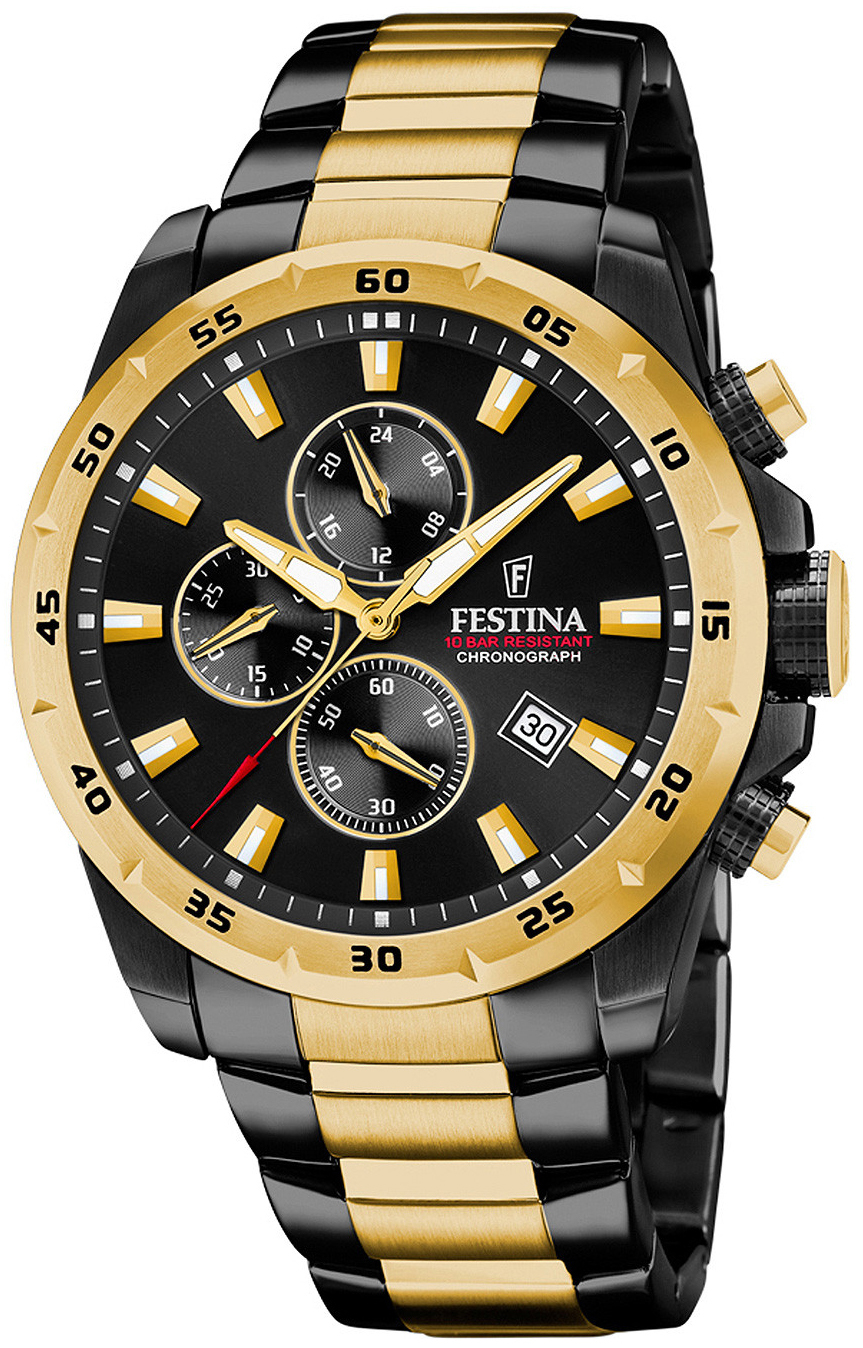 Festina Herrklocka F20563-1 Timeless Svart/Gulguldtonat stål Ø45 mm - Festina
