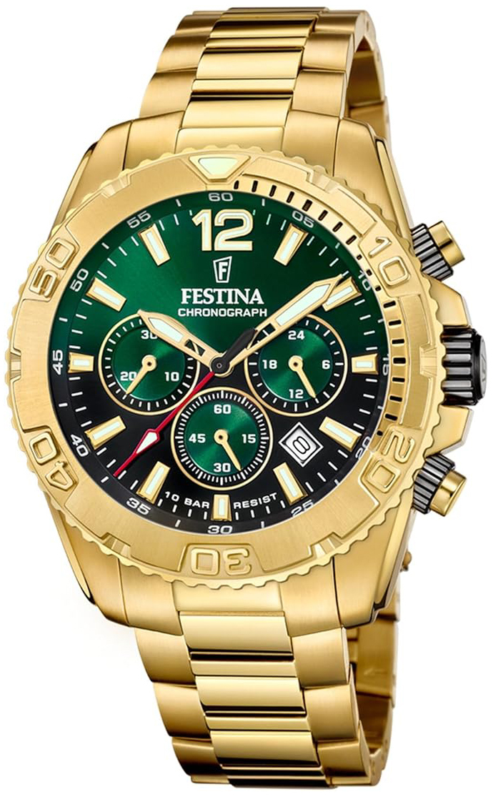 Festina Herrklocka F20684-3 Timeless Grön/Gulguldtonat stål Ø45 mm