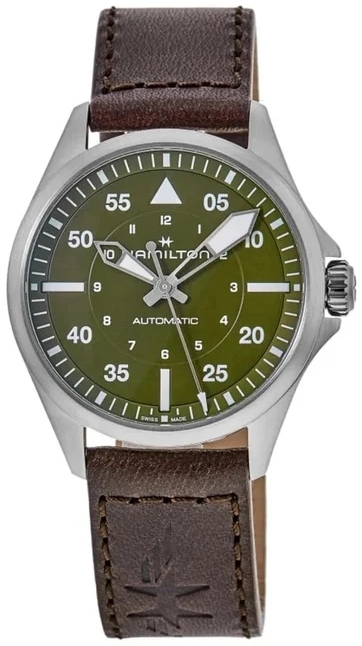 Hamilton Herrklocka H76305560 Khaki Aviation Pilot Auto Gr&ouml;n/L&auml;der