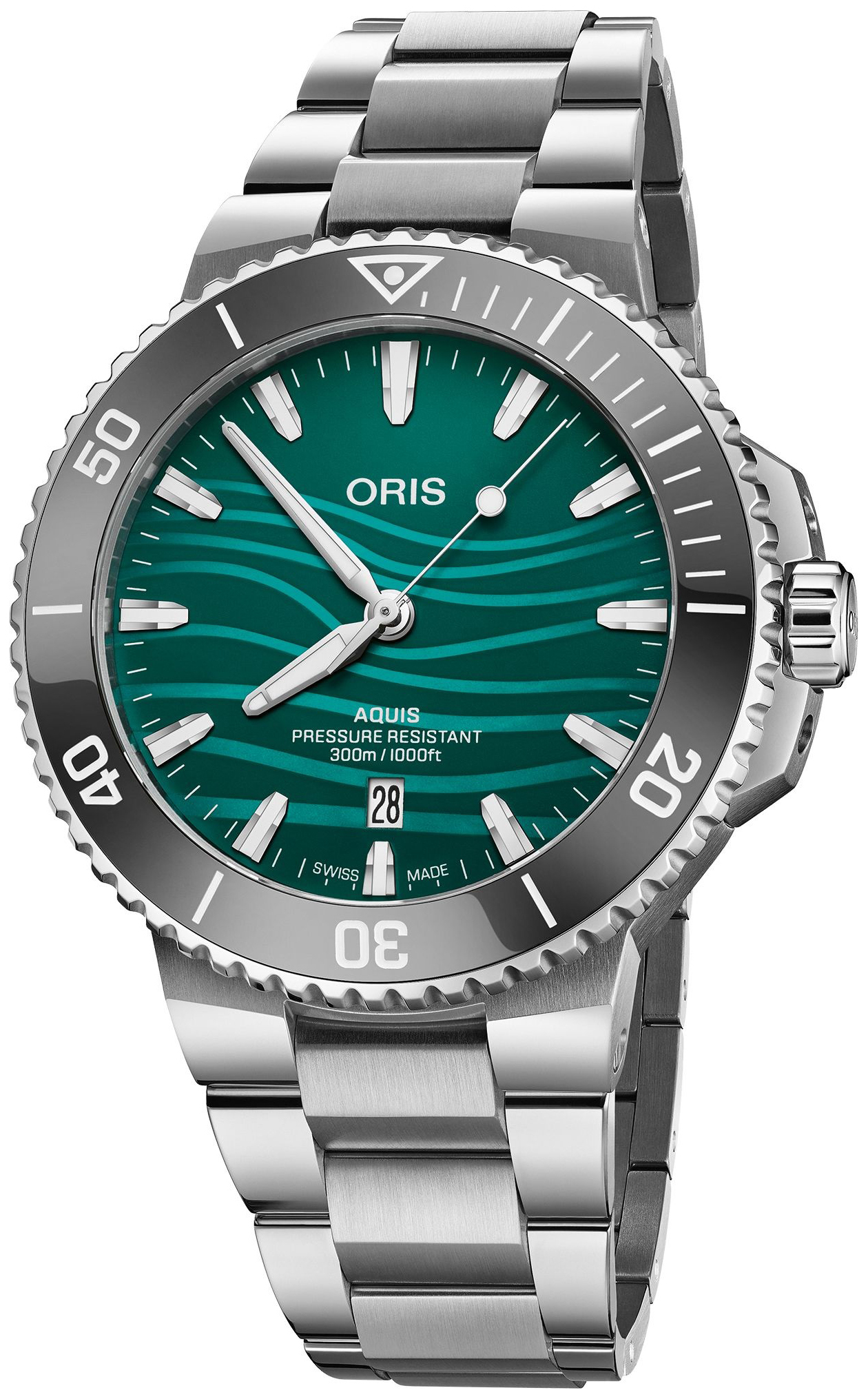 Oris Herrklocka 01 733 7789 4197-Set Aquis Gr&ouml;n/St&aring;l &Oslash;43.5 mm