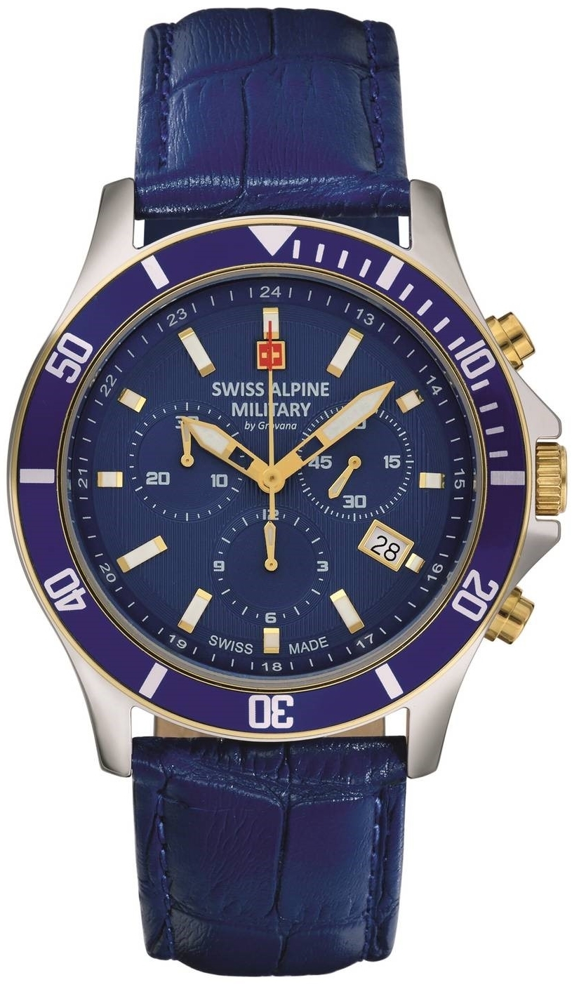Swiss Alpine Military Herrklocka 7022.9545 Chrono Bl&aring;/L&auml;der &Oslash;42 mm