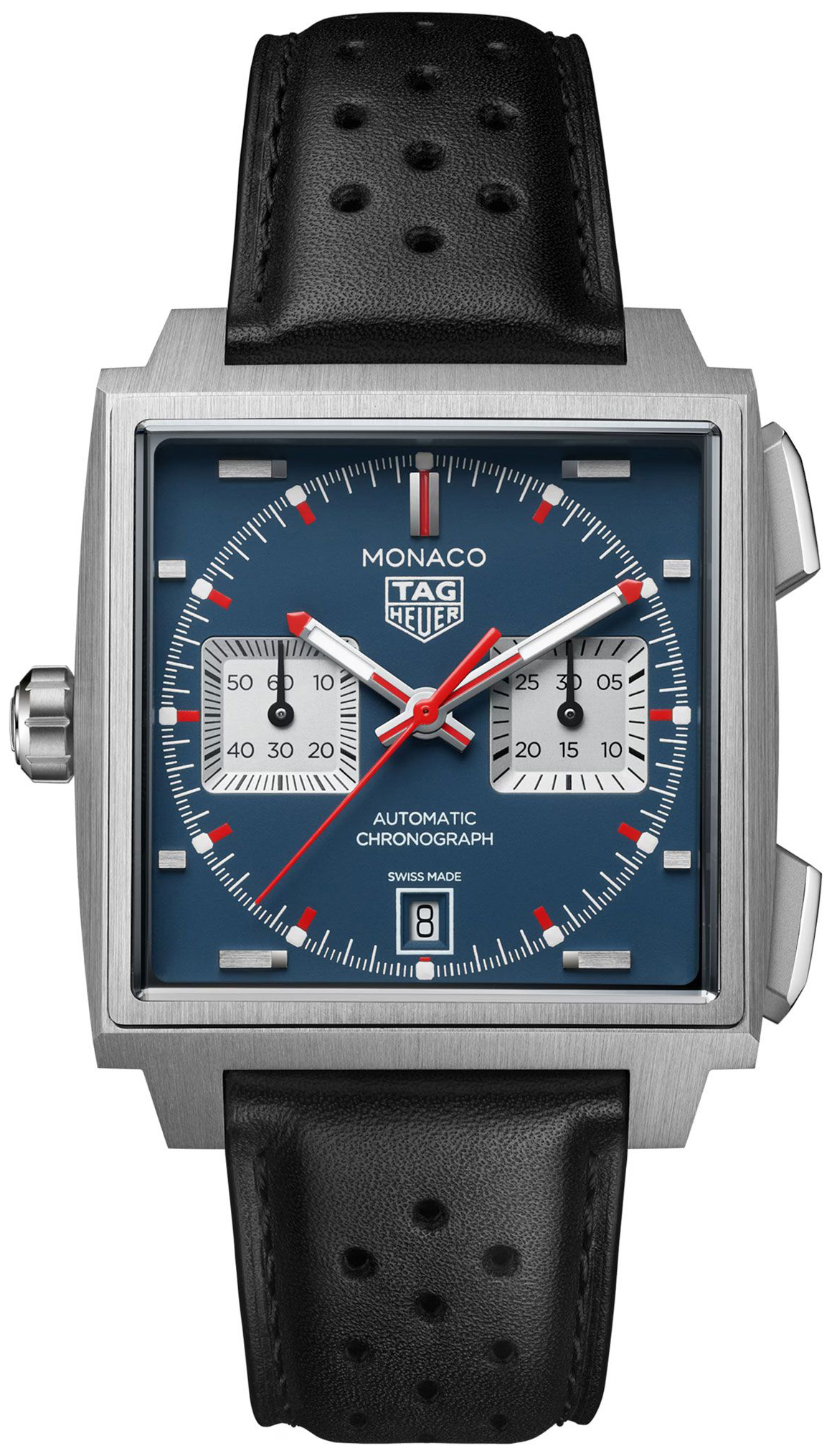 TAG Heuer Herrklocka CDW2181.FC8360 Monaco Bl&aring;/L&auml;der